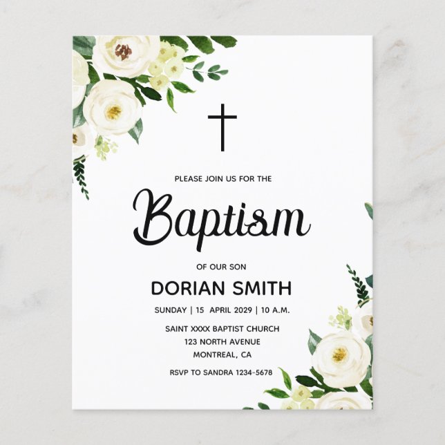 Budget White Floral Boy Baptism invitation (Front)