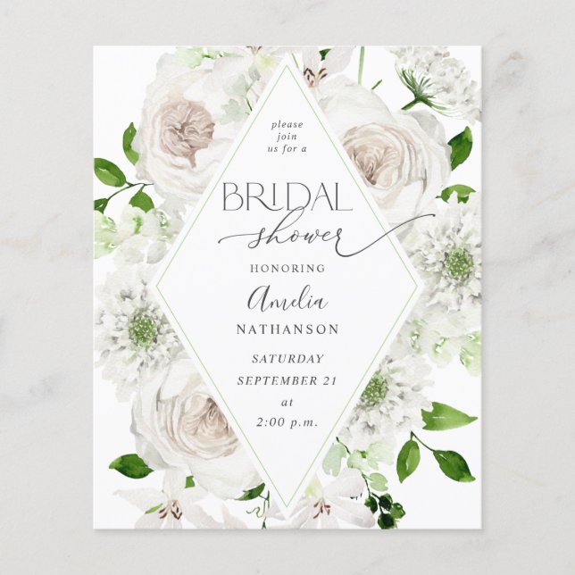 Budget White Floral Bridal Shower Flyer (Front)
