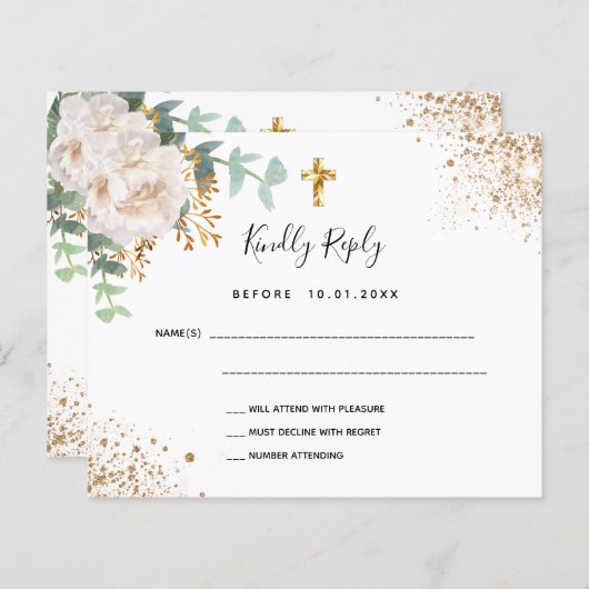 Budget white floral eucalyptus baptism RSVP (Front/Back)