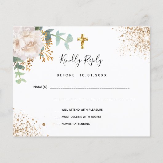 Budget white floral eucalyptus baptism RSVP (Front)