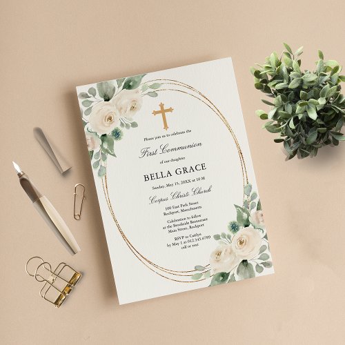 Budget White Floral First Communion Invitation
