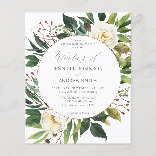 Budget White Floral & Greenery 2 Wedding Flyer (Front)