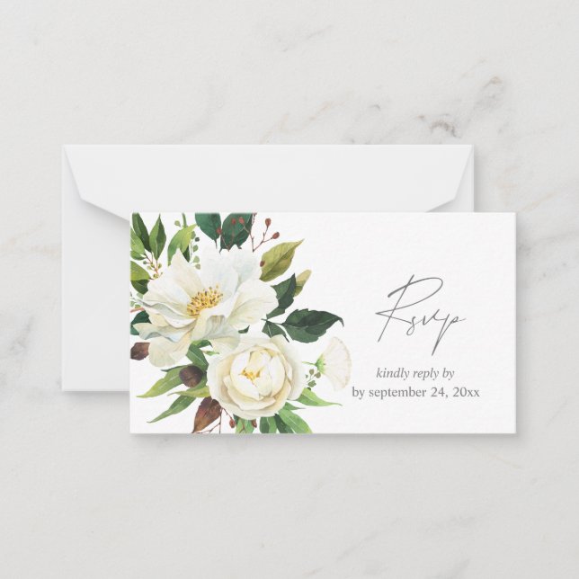 Budget White Floral Greenery 2SM Meal RSVP Note Card (Front)