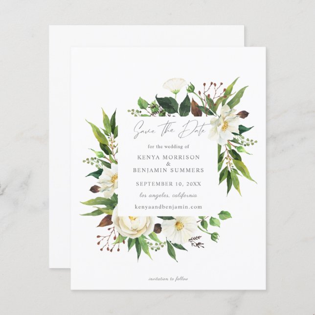 Budget White Floral & Greenery Save the Date (Front/Back)