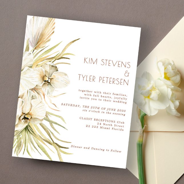 Budget white floral modern boho wedding invitation (Creator Uploaded)