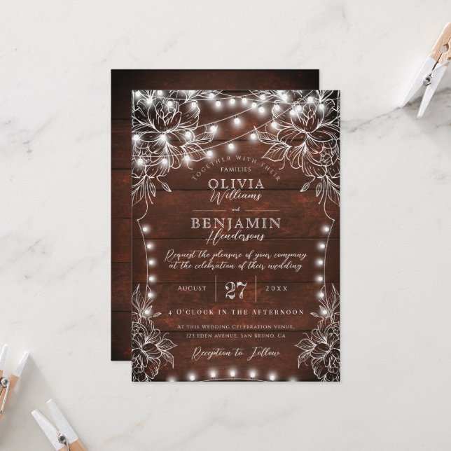Budget White Floral & Rustic Wood Lights Wedding I Invitation (Front/Back In Situ)