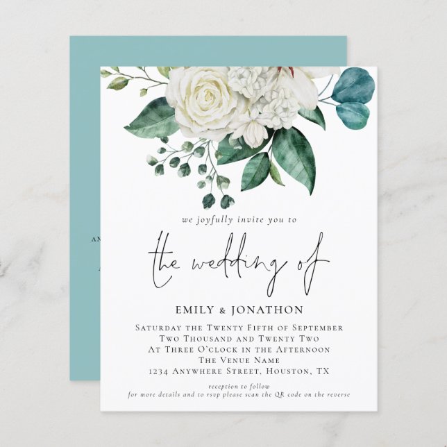 Budget White Florals Eucalyptus Wedding Invitation (Front/Back)