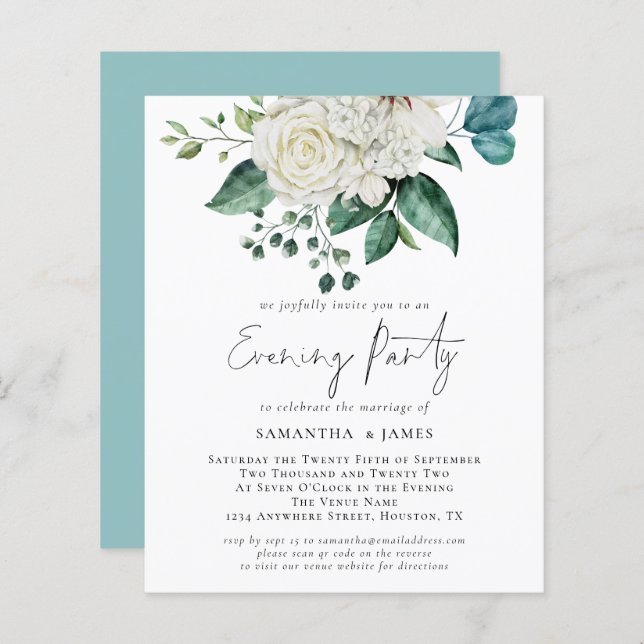 Budget White Florals QR Code Wedding Evening Party (Front/Back)