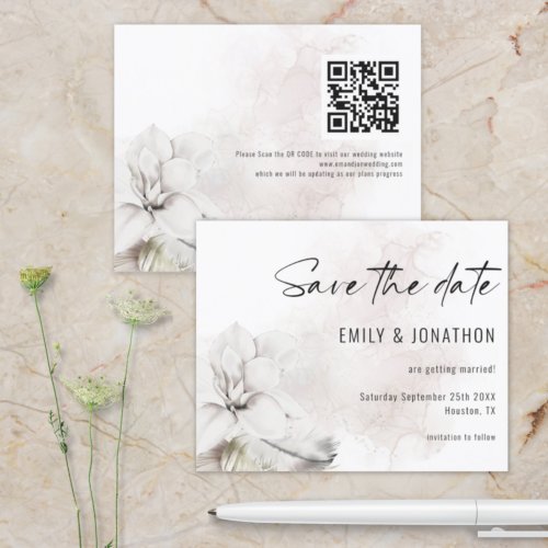 Budget White Florals Wedding QR Code Save the Date