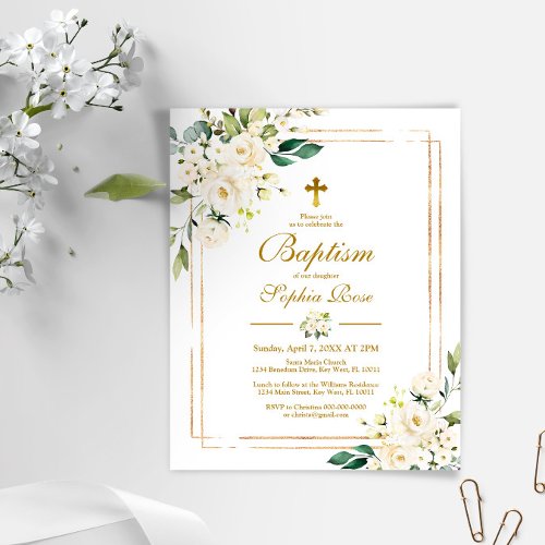 Budget White Flowers  Gold Baptism Invitation