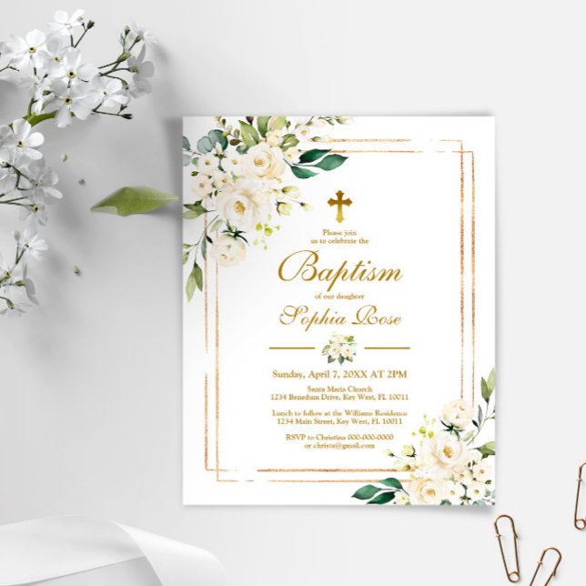 Budget White Flowers & Gold Baptism Invitation (Creator Uploaded)