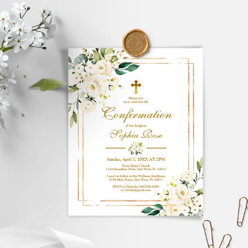 Budget White Flowers Gold Confirmation Invitation