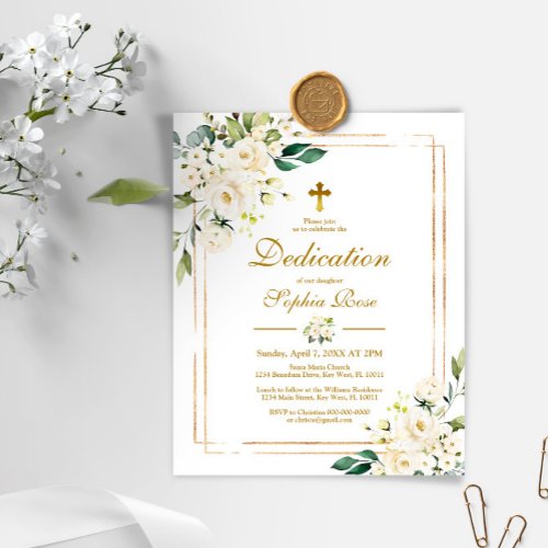 Budget White Flowers  Gold Dedication Invitation