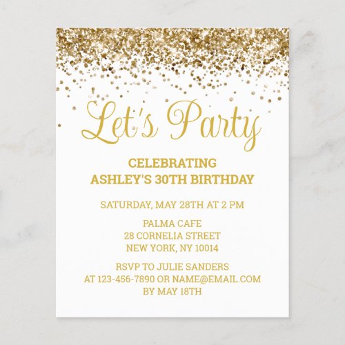 Budget White  Gold 30th Birthday Party Invitation