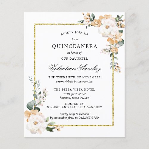 Budget White Gold Floral Quinceanera Invitation