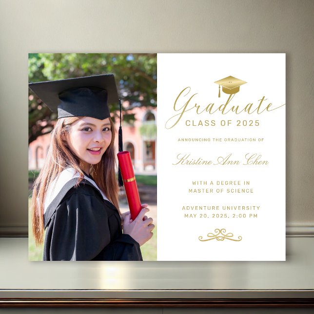 Budget White Gold Formal Script Photo Graduation  (Budget White Gold Formal Script Photo Graduation Announcement)