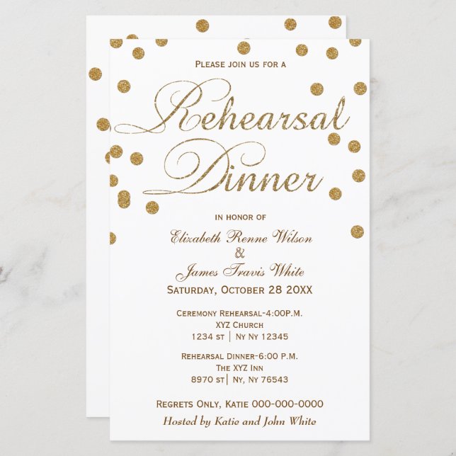 Budget White Gold Glitter Rehearsal Dinner Invite (Front/Back)