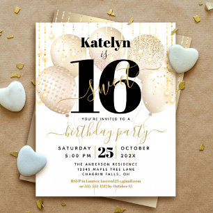 Budget White Gold Glitter Sweet 16 Balloons Invite