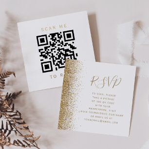 Budget White Gold Glitter Wedding QR Code RSVP Enclosure Card