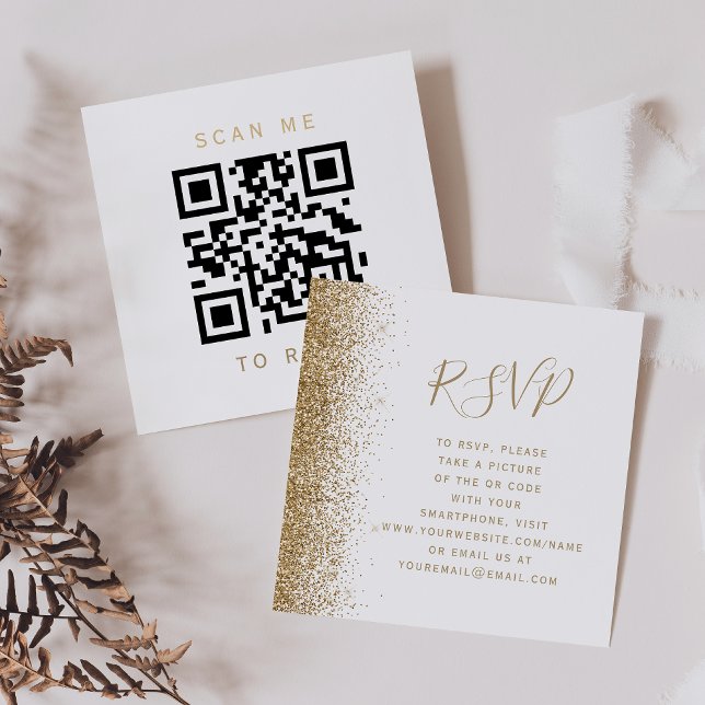 Budget White Gold Glitter Wedding QR Code RSVP Enclosure Card (Creator Uploaded)