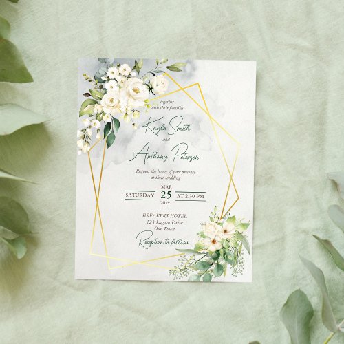 Budget white greenery rose floral wedding invite