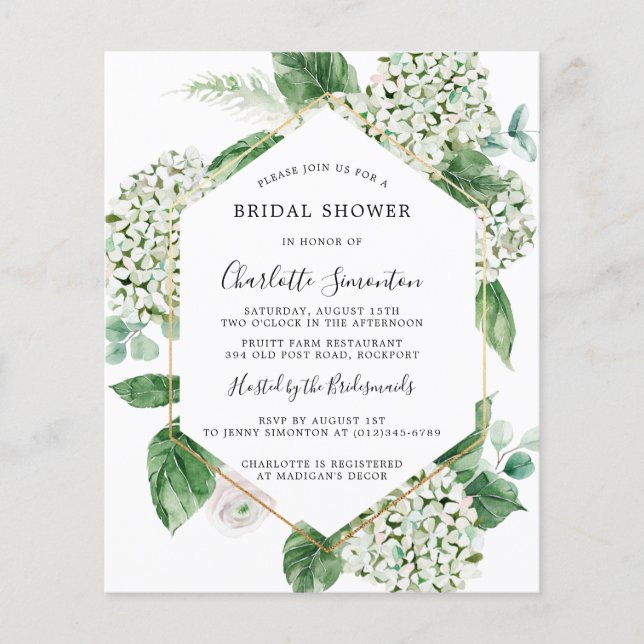 Budget White Hydrangea Bridal Shower Invitation (Front)
