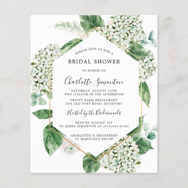 Budget White Hydrangea Bridal Shower Invitation (Front)
