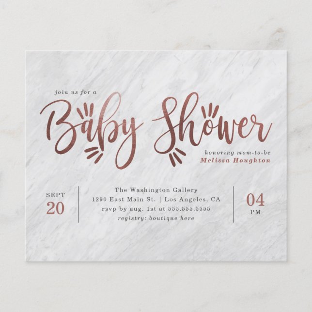 Budget White Marble & Rose Gold Script Baby Shower (Front)