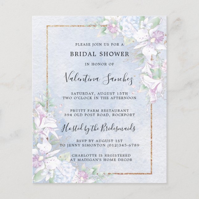 Budget White Orchids Blue Bridal Shower Invitation (Front)