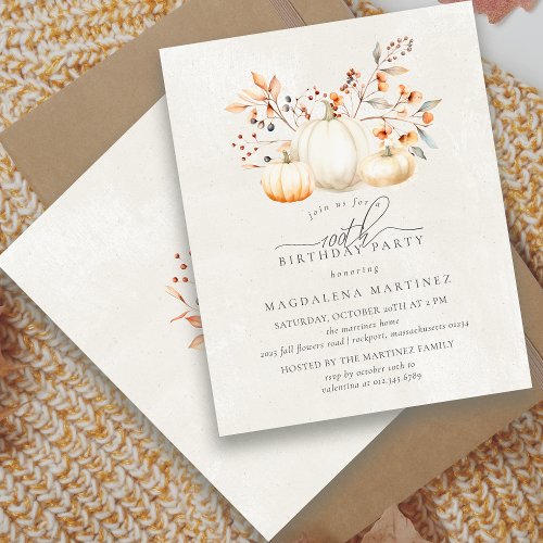 BUDGET White Pumpkin 100th Birthday Invitation