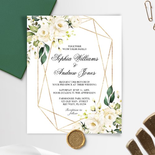 Budget White Rose and Greenery Wedding Invitation