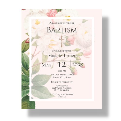 Budget White Rose Baptism Invitation