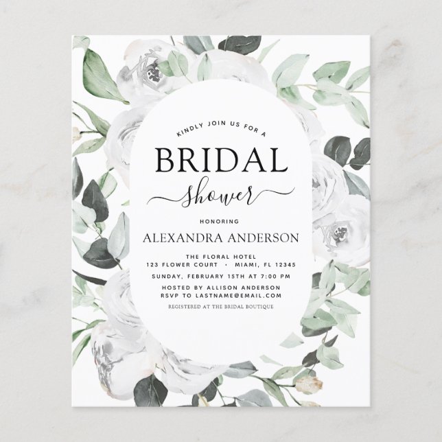 Budget White Rose Bridal Shower Floral Invitation Flyer (Front)