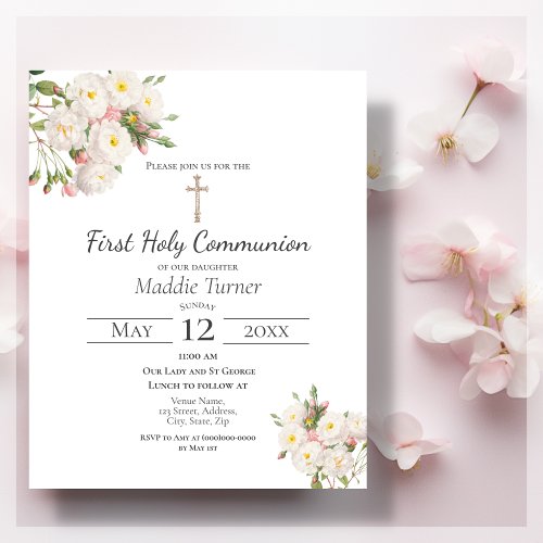 Budget White Rose First Communion Invitation