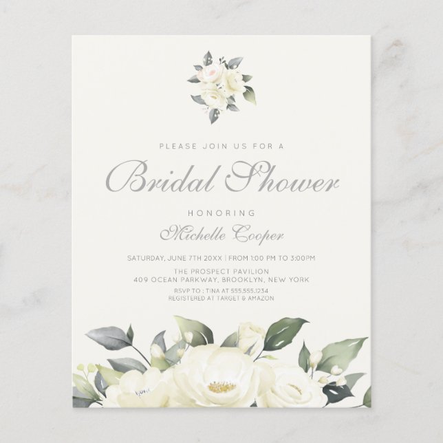 Budget White Rose Floral Bridal Shower Invitation (Front)