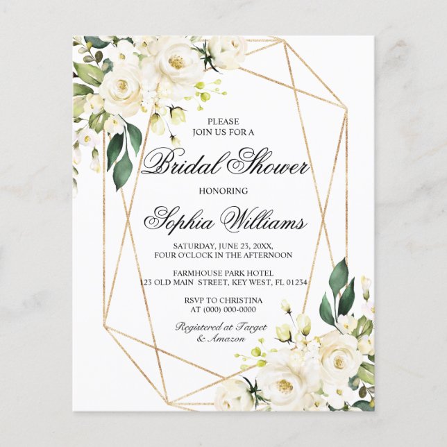 Budget White Rose & Green Bridal Shower Invitation (Front)