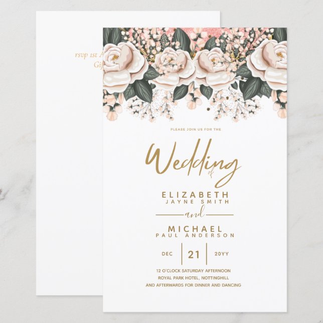 Budget White Roses Botanical Wedding Invites A9 (Front/Back)