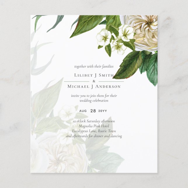 Budget White Roses Dusty Blue Wedding Flyer (Front)