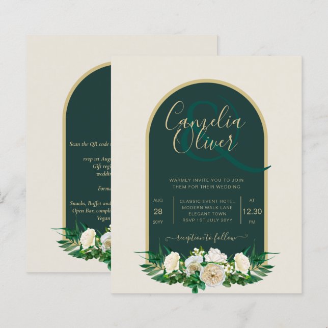 BUDGET White Roses Forest Green Winter Wedding INV (Front/Back)