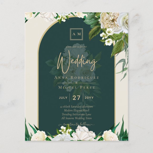 BUDGET White Roses Forest Green Winter Wedding INV Flyer (Front)