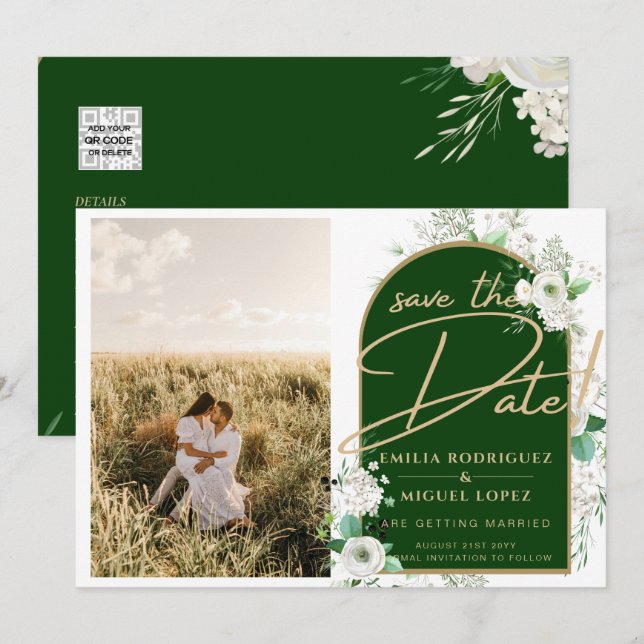 Budget White Roses Green Wedding Save the Date Invitation (Front/Back)
