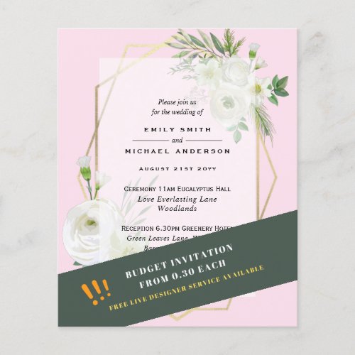 BUDGET White Roses Greenery Pink Wedding Invites Flyer