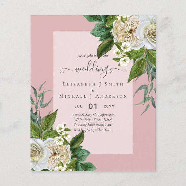 BUDGET WHITE ROSES Invitations WEDDING CHIC Flyer (Front)