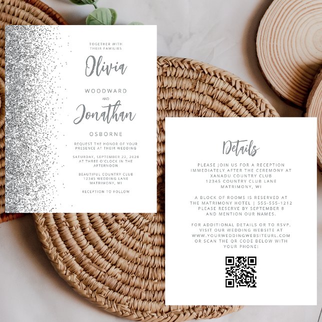 Budget White Silver Glitter QR Code Wedding Invite (Creator Uploaded)