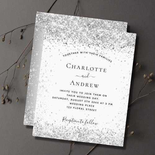 Budget white silver glitter wedding invitation