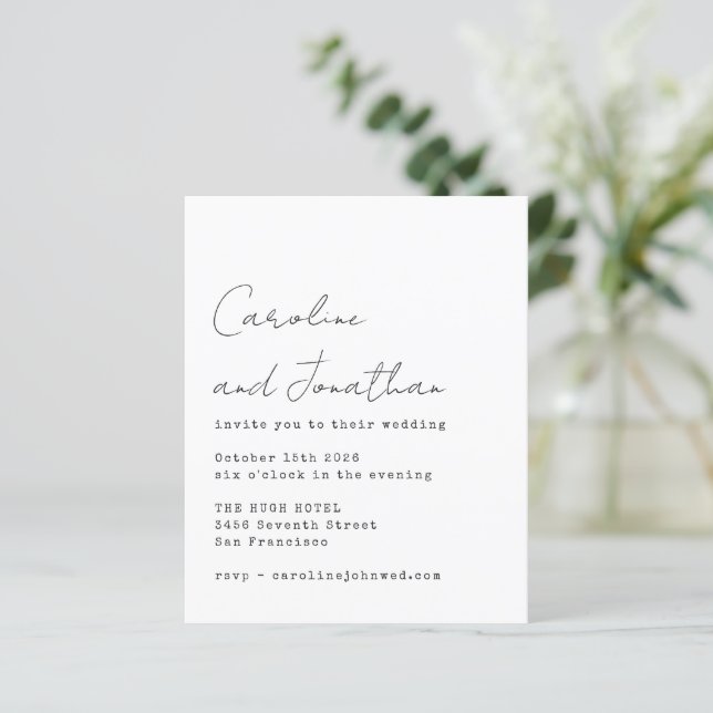 Budget White Typewriter Script Wedding Invite (Standing Front)