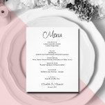 Budget White Wedding Menu Flyer<br><div class="desc">An excellent value, a white dinner menu printed on thinner 80 lb uncoated matte paper features your food choices in chic lettering. Perfect for a modern wedding reception, wedding rehearsal dinner, anniversary party or any special event with a sit-down dinner. Measures 4.5" x 5.6", but you can choose from 3...</div>