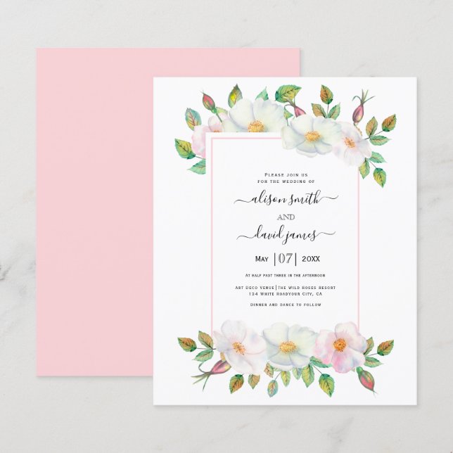 BUDGET White wild rose floral wedding invitation (Front/Back)