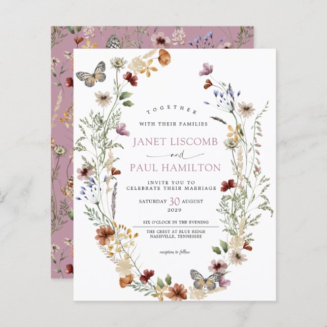 Budget - Wild Flowers Floral Wedding Invitation (Front/Back)