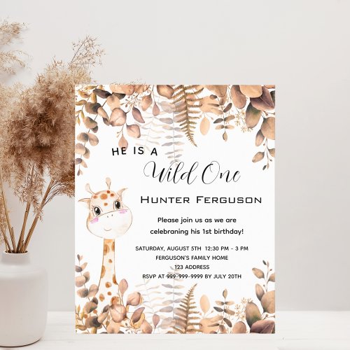 Budget wild one 1st birthday giraffe invitation